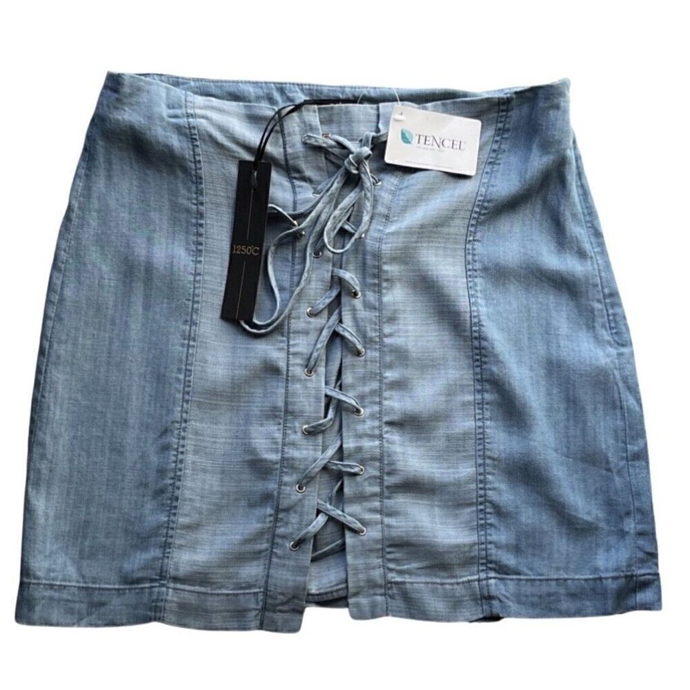 1250C Womens Blue Tencel Side Lace-Up Contrast Skirt Size M - Picture 5 of 10